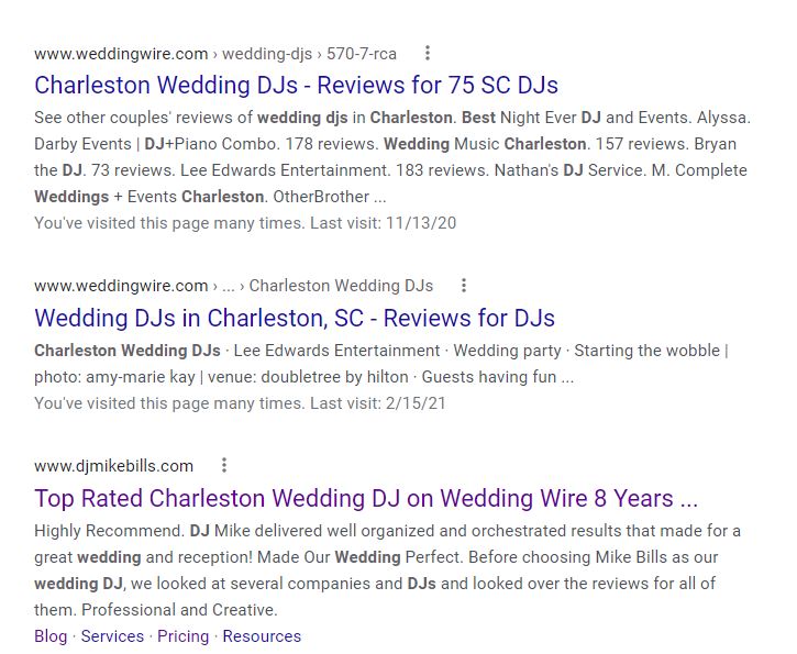 Google Search Screenshot Wedding DJs